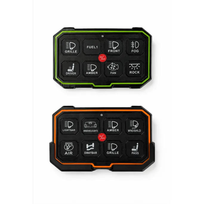 TC-SW8W wireless switch panels in green and orange, front on, with labelled backlit buttons