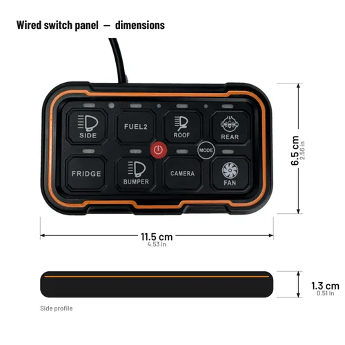 TC-SW8W wired switch panel dimensions — 11.5 cm wide, 6.5 cm high and 1.3 cm deep, front and side view
