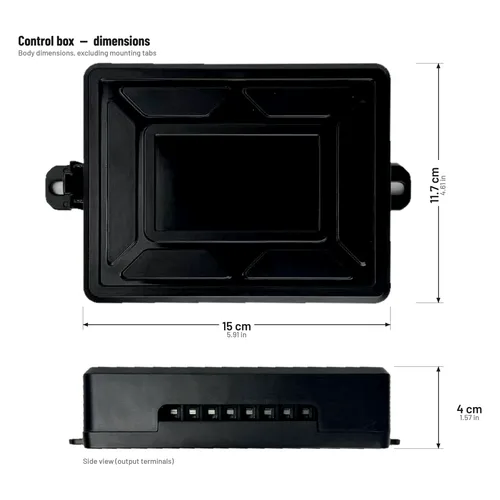 TC-SW8W control box dimensions — 15 cm wide, 11.7 cm high and 4 cm deep, body excluding the mounting tabs, with the output terminals in side view